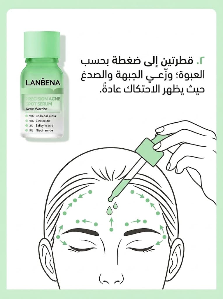 إرشاد بصري لوضع السيروم على الجبهة والصدغ مع رسم توضيحي؛ العلامة والعبوة للإيحاء فقط.