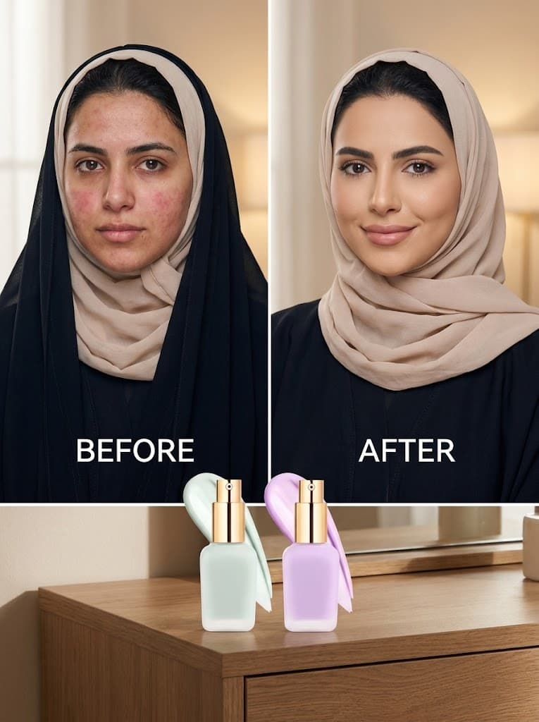 مخطط قبل وبعد وبصورة عبوتَي مهيّئ لوني أخضر وبنفسجي على خشب؛ لأغراض توضيح بصرية للخط التجميلي.