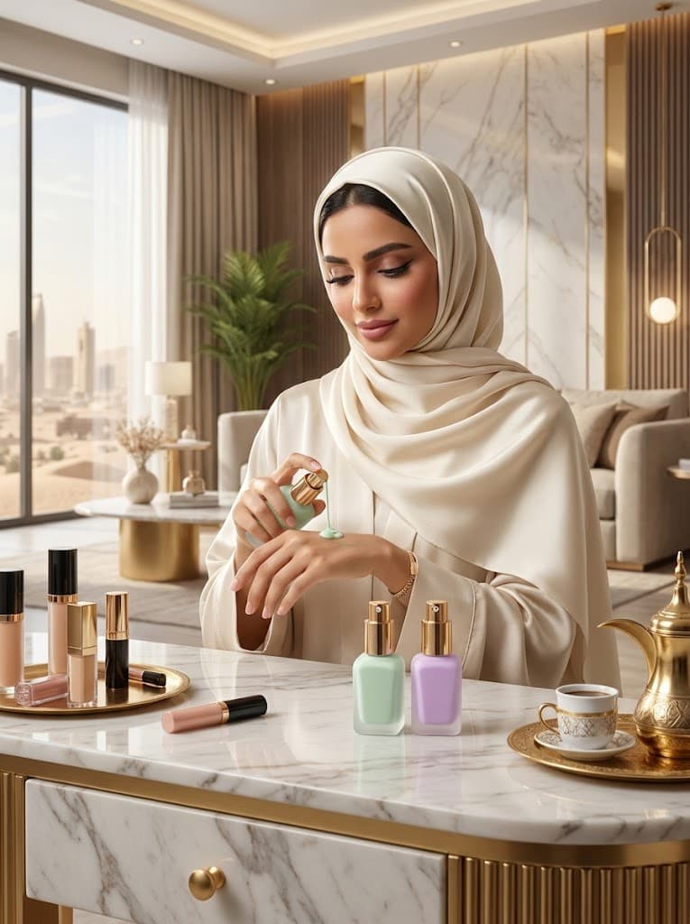 قطرة من مستحضر نجد قبل المكياج على ظهر اليد، أمام إطلالة فاخرة ومزدوج العبوات الأخضر والبنفسجي.