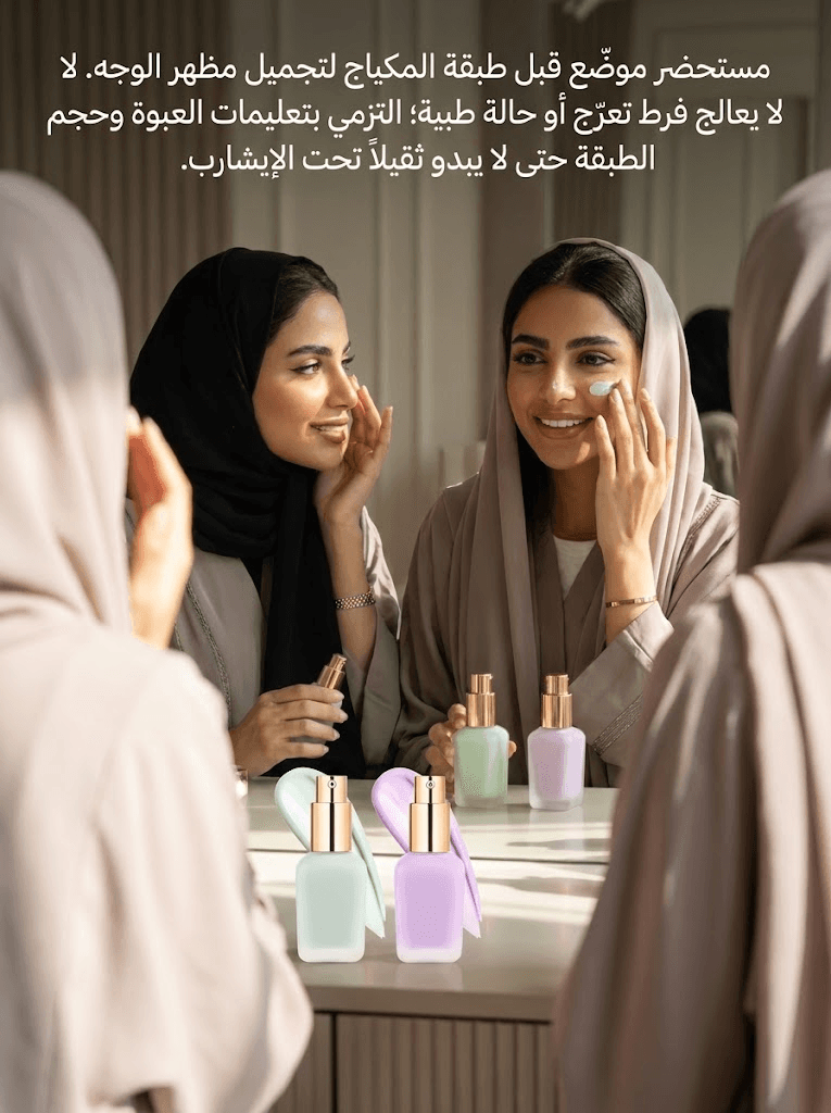 لقطتان لاستخدام خط نجد أمام المرآة مع عرض عبوتَي البرايمر الأخضر والبنفسجي وسِوَتْشات الملمس.