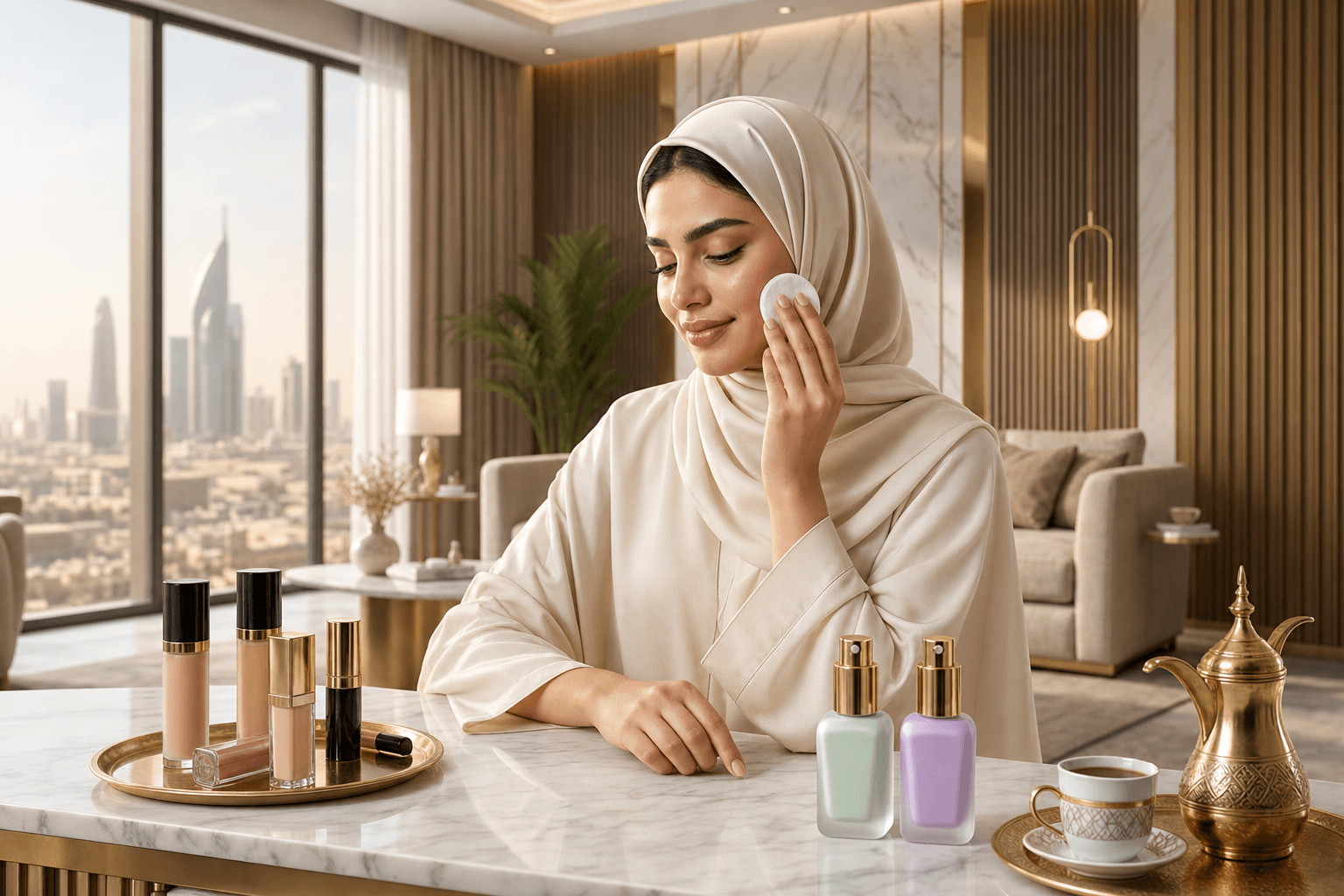 امرأة سعودية بإيشارب كريمي تطبّق مرطباً خفيفاً بقطنة على وجه نظيف على طاولة رخام، مع عرض عبوتَي البرايمر بجانبها استعداداً للخطوة التالية.