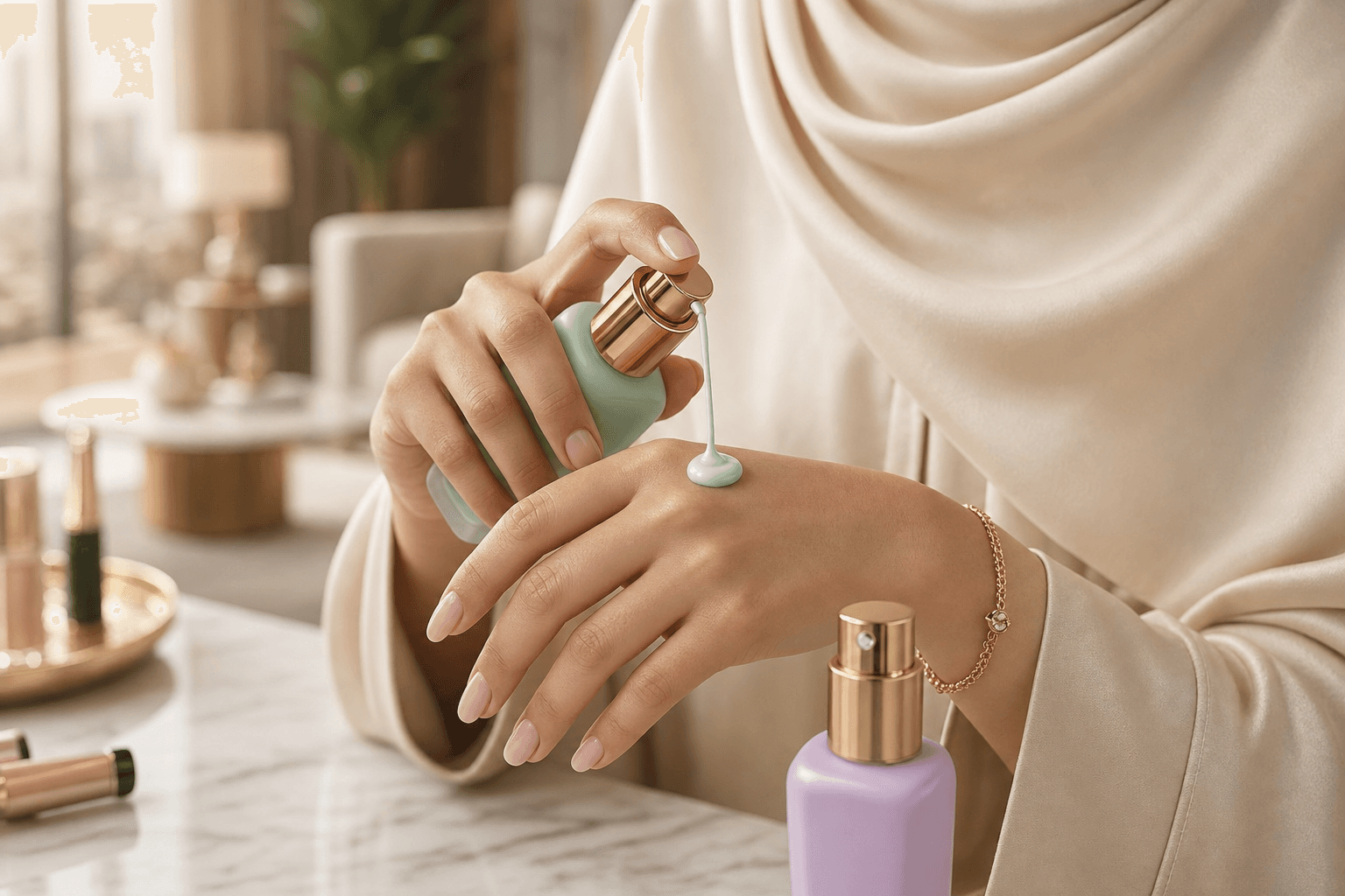 لقطة قريبة ليد امرأة تضغط مضخّة العبوة الخضراء لتسقط نقطة برايمر على ظهر اليد، مع ظهور العبوة البنفسجية في الخلف.