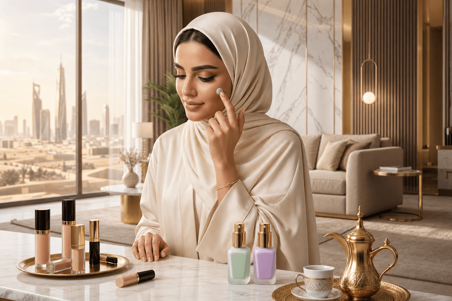 امرأة سعودية بإيشارب كريمي تضع نقطة من البرايمر الأخضر على خدّها فوق طاولة رخام مع إطلالة الرياض — توضيح بصري لخطوة تهيئة الملمس قبل المكياج.