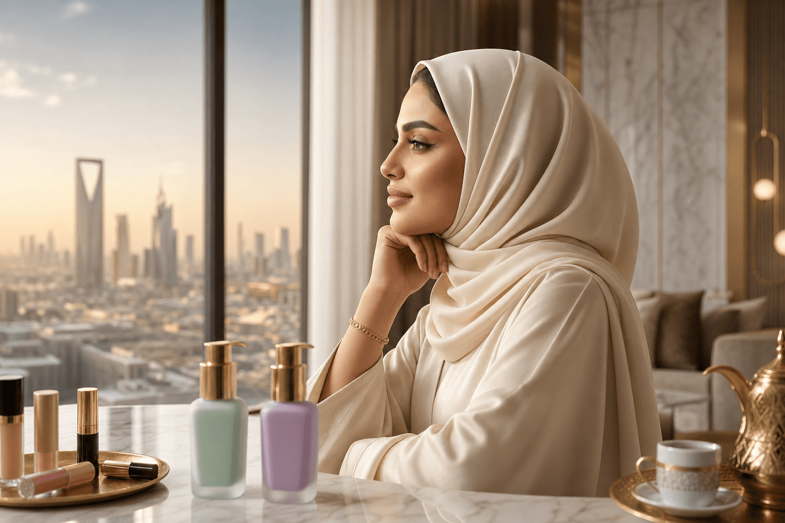 بروفايل جانبي لامرأة سعودية بإيشارب كريمي أمام نافذة، بشرة بمظهر ساتان متّزن بدون لمعة زائدة — توضيح للأثر البصري بعد طبقة البرايمر.