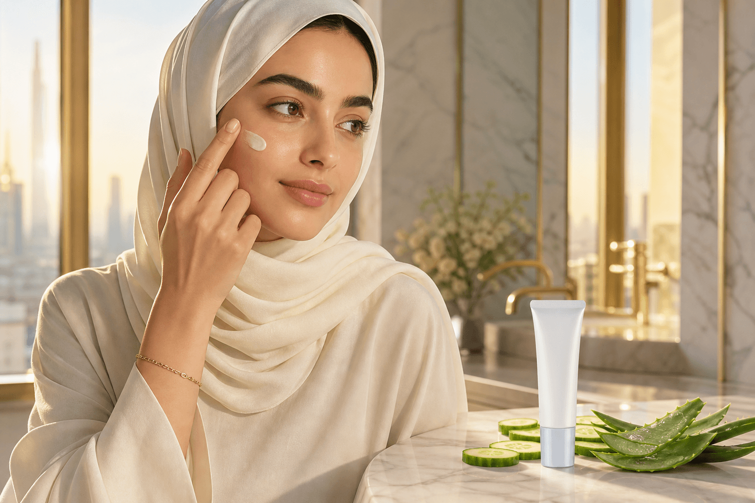 امرأة سعودية بإيشارب كريمي تطبّق نقطة من واقي SKINEVER الخفيف على خدّها مع شرائح خيار وألوة فيرا على رخام الرياض — توضيح بصري لخفّة الملمس.