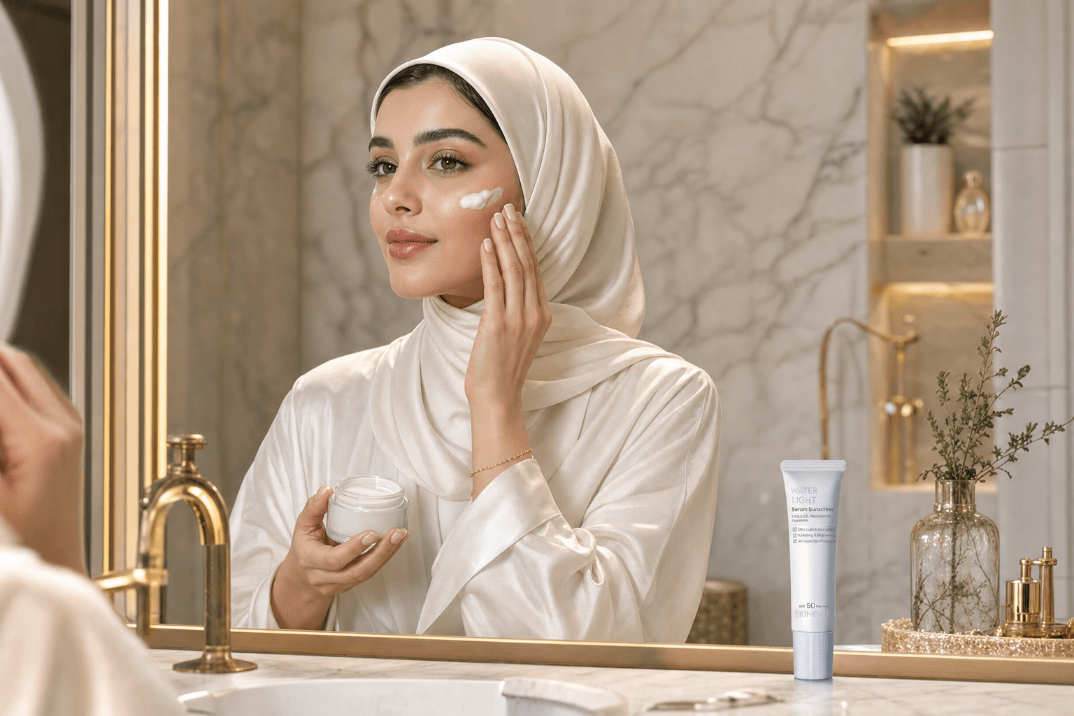 امرأة سعودية بإيشارب كريمي أمام مرآة حمام فاخر تطبّق المرطب أولاً، مع ظهور عبوة الواقي SKINEVER جاهزة على الرخام — توضيح لترتيب الخطوات.