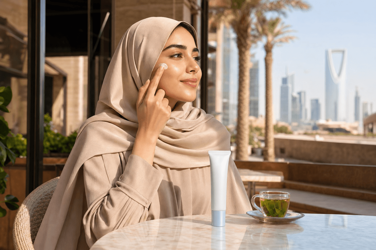 امرأة سعودية بإيشارب بيج على شرفة مقهى في الرياض تعيد طبقة الواقي على خدّها وقت الظهيرة، مع عبوة SKINEVER وكوب شاي مغربي بجانبها.