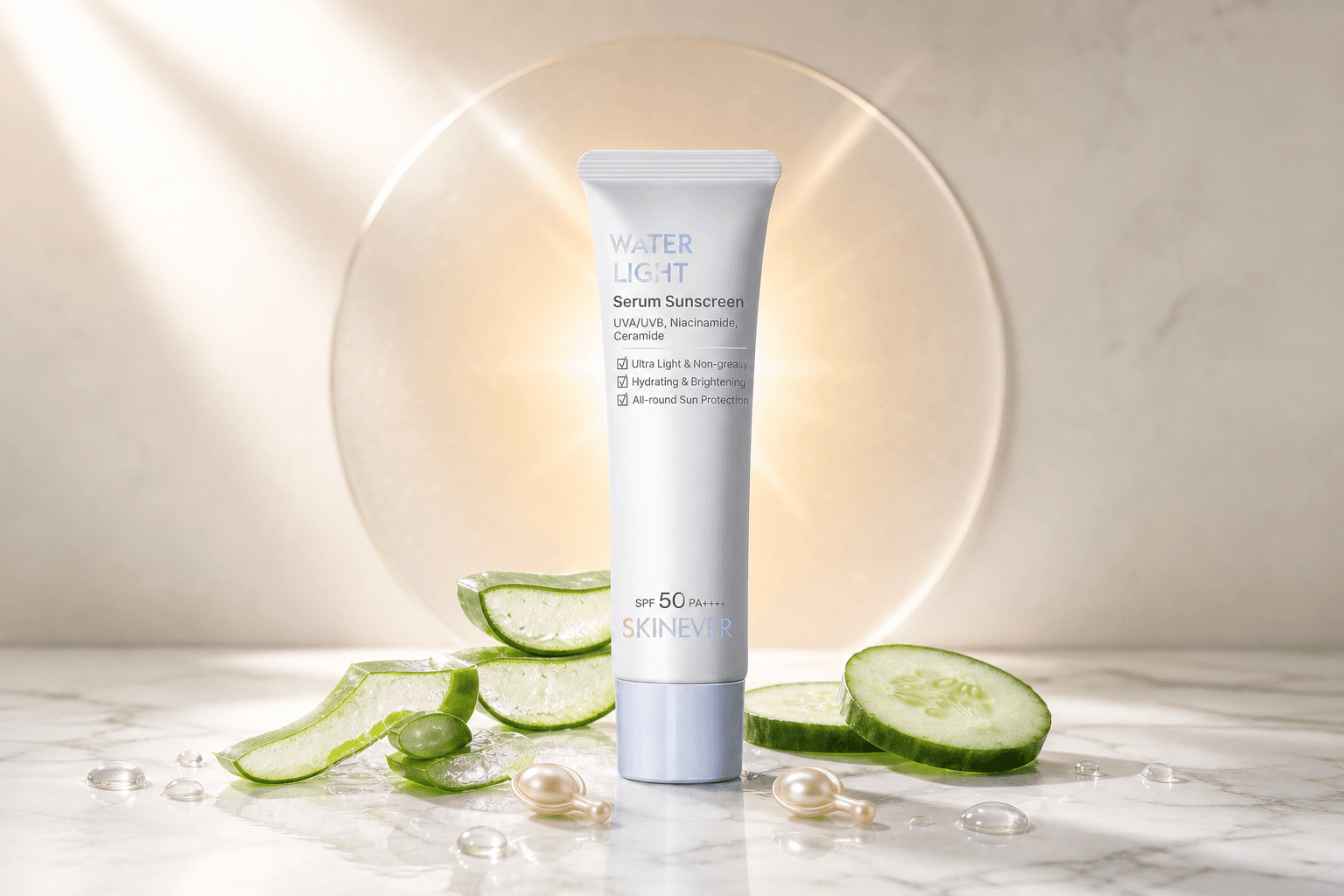 صورة منتج هيرو لعبوة SKINEVER Water Light SPF 50 PA++++ على رخام مع شرائح خيار وألوة فيرا وقطرات شفافة — للإيحاء البصري بشفافية الاعتماد والشهادة.